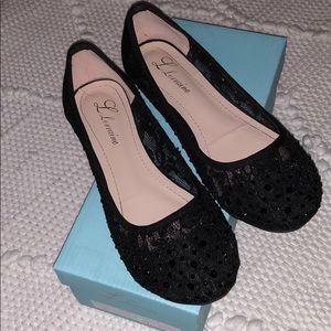 Girls black lace and rhinestone flats